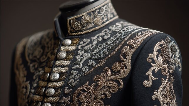 charro. An ornate charro suit displayed on a mannequin, detailed embroidery and silver. event programs, museum guides, designed for cultural heritage projects and event programs.