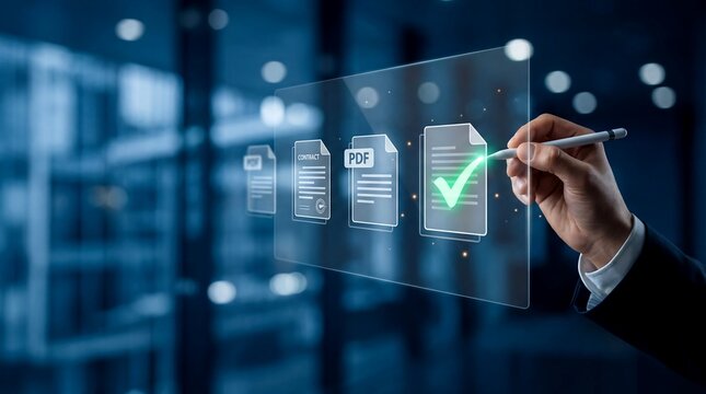 Hand using stylus to check document on digital screen