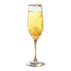 Watercolor illustration of a champagne flute filled with golden bubbly liquid. It?s isolated on black