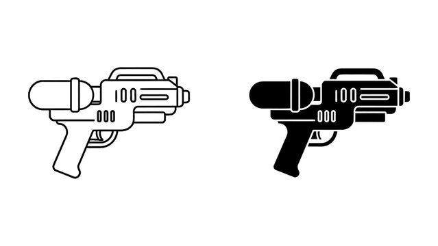 Vintage sci-fi ray gun icon, black outline and solid silhouette vector illustration of a retro space blaster weapon, perfect for gaming or futuristic design elements.