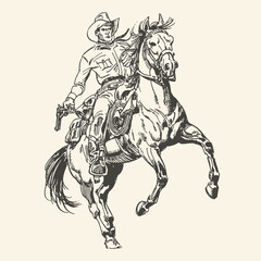 Fototapeta premium Vintage Black and White Illustration of a Cowboy Riding a Rearing Horse with a Gun, Evoking Western Adventure and Action
