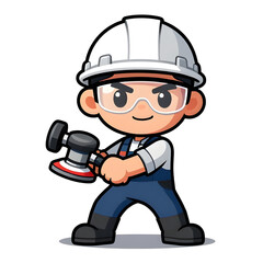 Fototapeta premium Cartoon CHIBI style construction worker. Active working posture. Ideal icon for logo, badge, branding, company mascot.