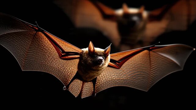 Flying Bat Illuminated on Black Background
