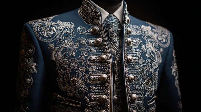 charro. An ornate charro suit displayed on a mannequin, detailed embroidery and silver. event programs, museum guides, designed for cultural heritage projects and event programs.