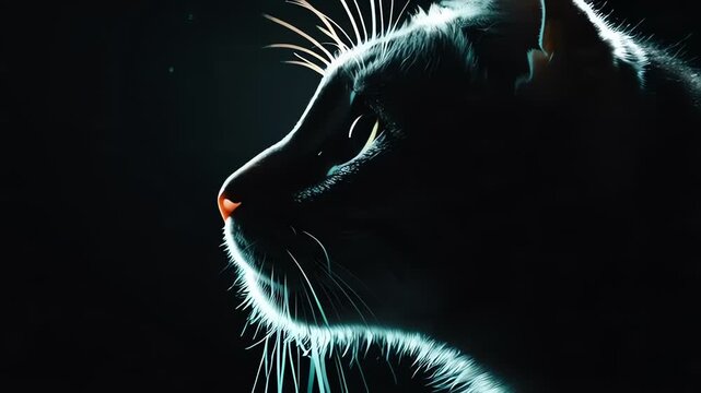 High Contrast Silhouette of Cat Head Backlit Glow Dark Background