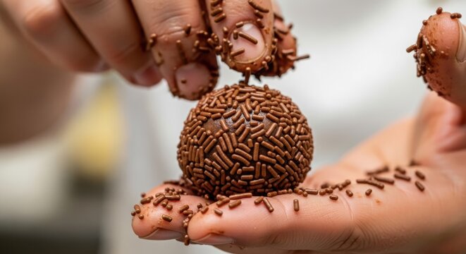 A close-up of a brigadeiro being rolled in chocolate sprinkles, the chef's hands covered in the rich, fudgy mixture.