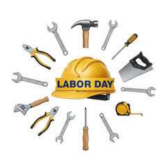 Labor day hard hat surrounded by various tools isolated on transparent background