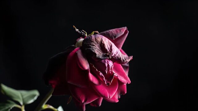 Beautiful red rose blooming in the dark, showing its petals and leaves.