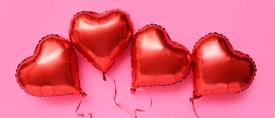 Naklejka premium Red heart shaped air balloons on pink background. Valentine's day celebration