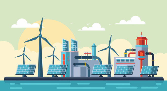 Sustainable energy production plant with wind turbines and solar panels.