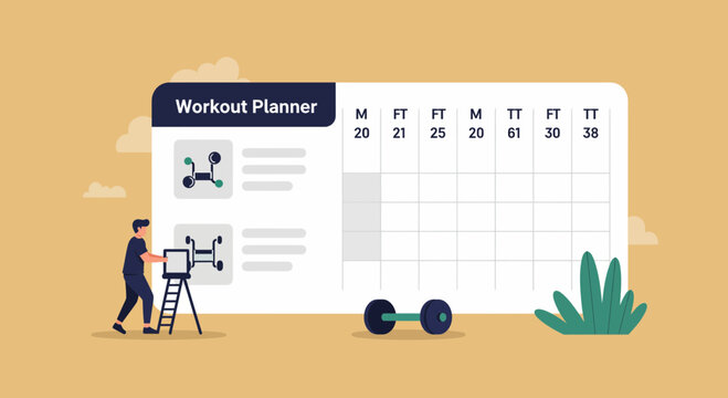 Workout planner illustration with a person and fitness equipment on a light background.