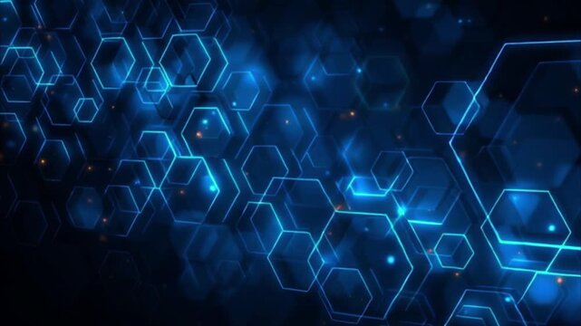 Glowing blue hexagons float in a dark space evoking technology innovation science connection future and sophisticated design aesthetics