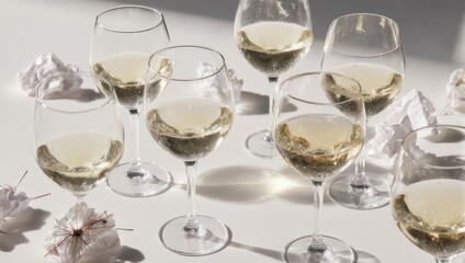 Elegant White Wine Glasses on a Bright Surface.