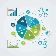 Infographic illustrating business strategy, marketing analytics, and campaign performance with various icons and charts.