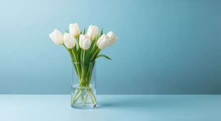 Obraz premium A minimalist botanical study of fresh spring blossoms, such as tulips or hyacinths, elegantly arranged and isolated against a solid, soothing pastel blue backdrop.