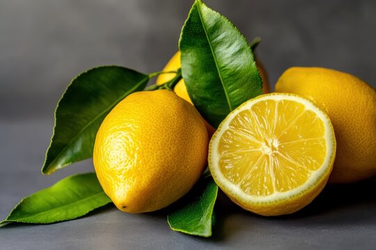 Fresh lemons with green leaves on a gray background, one cut in half showing juicy pulp and seeds inside the citrus fruit