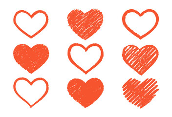 Hand Drawn Red Heart Set Sketch Style Love Doodle Icons