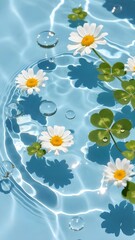 serene aesthetic background of clear blue water surface with soft ripples, sunlight reflections sparkling on the water, gentle wave patterns. white daisy flowers floating on the water