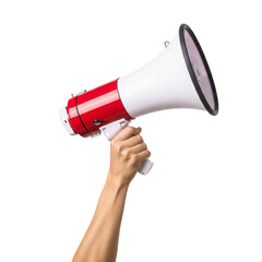 Hand Holding Megaphone Isolated on White Background: Concept for Announcement, Protest, and Marketing Communication