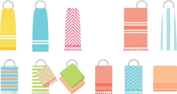 Colorful bathroom towel vector set with hanging fabric textiles, striped patterns, folded cloth designs, spa accessories, and home interior decoration elements