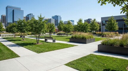 Modern urban park with lush greenery and city skyline © Fisnanda