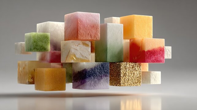 Abstract assemblage of colorful, textured, floating cubes
