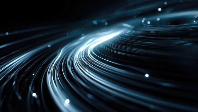 Flowing, luminescent abstract curves with blurred light particles against a dark background
