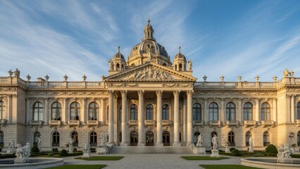 Obraz premium Grand facade of an ornate building, dome and column architecture under blue sky