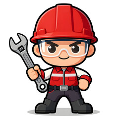 Cartoon CHIBI style construction worker. Active working posture. Ideal icon for logo, badge, branding, company mascot.