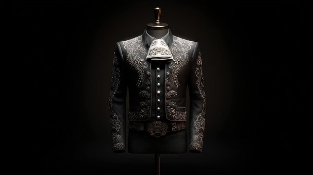 charro. An ornate charro suit displayed on a mannequin, detailed embroidery and silver. event programs, museum guides, designed for cultural heritage projects and event programs.