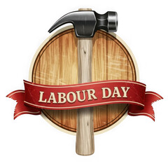 Labour day hammer and red ribbon banner on wooden background isolated on transparent background