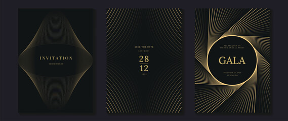 Fototapeta na wymiar Luxury black and gold invitation vector set with geometric art deco patterns, line ornaments and sunburst frames. Elegant design for wedding, gala, party and event stationery.