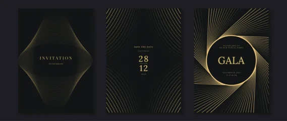 Fotobehang Karaktertjes Luxury black and gold invitation vector set with geometric art deco patterns, line ornaments and sunburst frames. Elegant design for wedding, gala, party and event stationery.  © TWINS DESIGN STUDIO