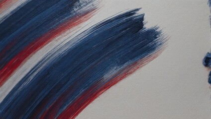 Abstract painting with diagonal brushstrokes of red and navy blue on light gray background