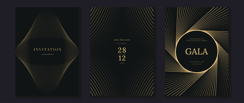 Luxury black and gold invitation vector set with geometric art deco patterns, line ornaments and sunburst frames. Elegant design for wedding, gala, party and event stationery.