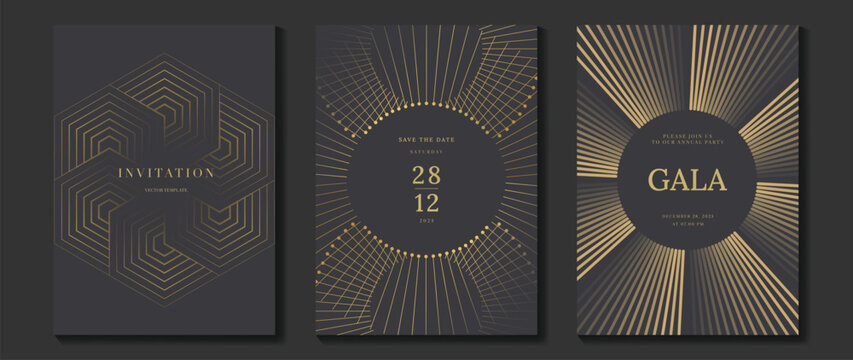 Luxury black and gold invitation vector set with geometric art deco patterns, line ornaments and sunburst frames. Elegant design for wedding, gala, party and event stationery.