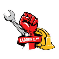 Labour day illustration with raised fist, wrench, and hard hat isolated on transparent background