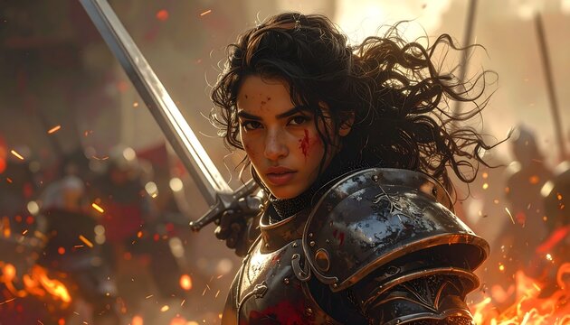 A female warrior with a sword amidst flames and armor