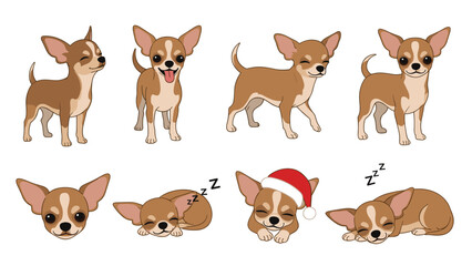 Fototapeta premium Adorable chihuahua puppy character shown in multiple cute poses and expressions including sleeping with a red Santa hat.