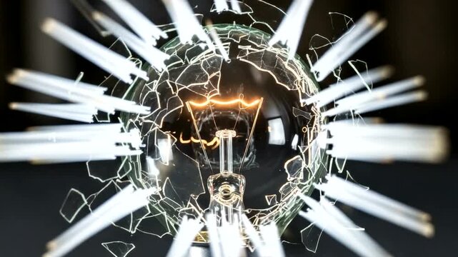 Exploding Light Bulb with Glowing Filament and Shattered Glass Fragments.