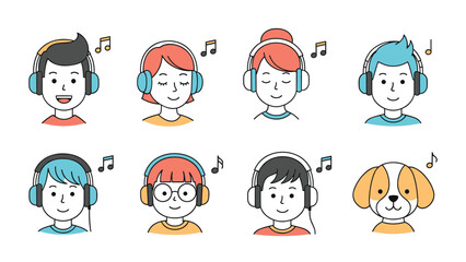 Obraz premium Diverse group of people and a cute dog wearing headphones while enjoying music shown with colorful musical notes.