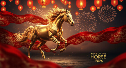 Golden Horse 2026 Lunar New Year Celebration with Red Lanterns and Fireworks