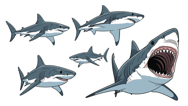 Powerful great white shark illustrations shown in various swimming angles including one with massive jaws wide open.