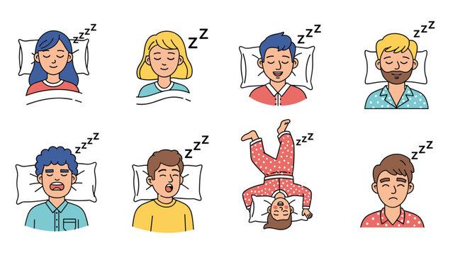 Collection of diverse people sleeping peacefully in pajamas on pillows showing various resting poses and expressions.