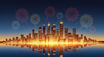 City Skyline with Fireworks at Night.