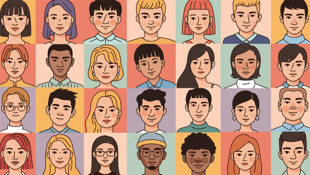 Diverse collection of human face portraits and avatars representing different ethnicities, ages, and genders in a colorful grid.