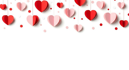 Beautiful red and pink paper hearts hanging on strings