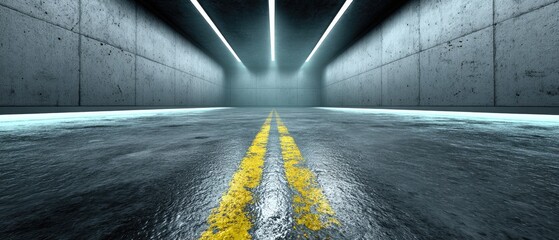 Fototapeta premium Futuristic Underground Concrete Tunnel with Yellow Road Lines and LED Lighting