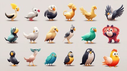 Obraz premium Adorable Cartoon Birds in Various Species and Colors