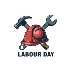 Red hard hat with crossed hammer and wrench, labour day symbol isolated on transparent background